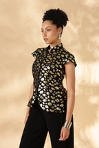 Black & Gold 100% Silk Jacquard Georgette Cheongsam style top ( Upcycled Saree Fabric )