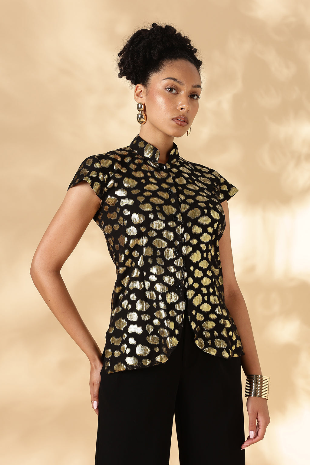 Black & Gold 100% Silk Jacquard Georgette Cheongsam style top ( Upcycled Saree Fabric )