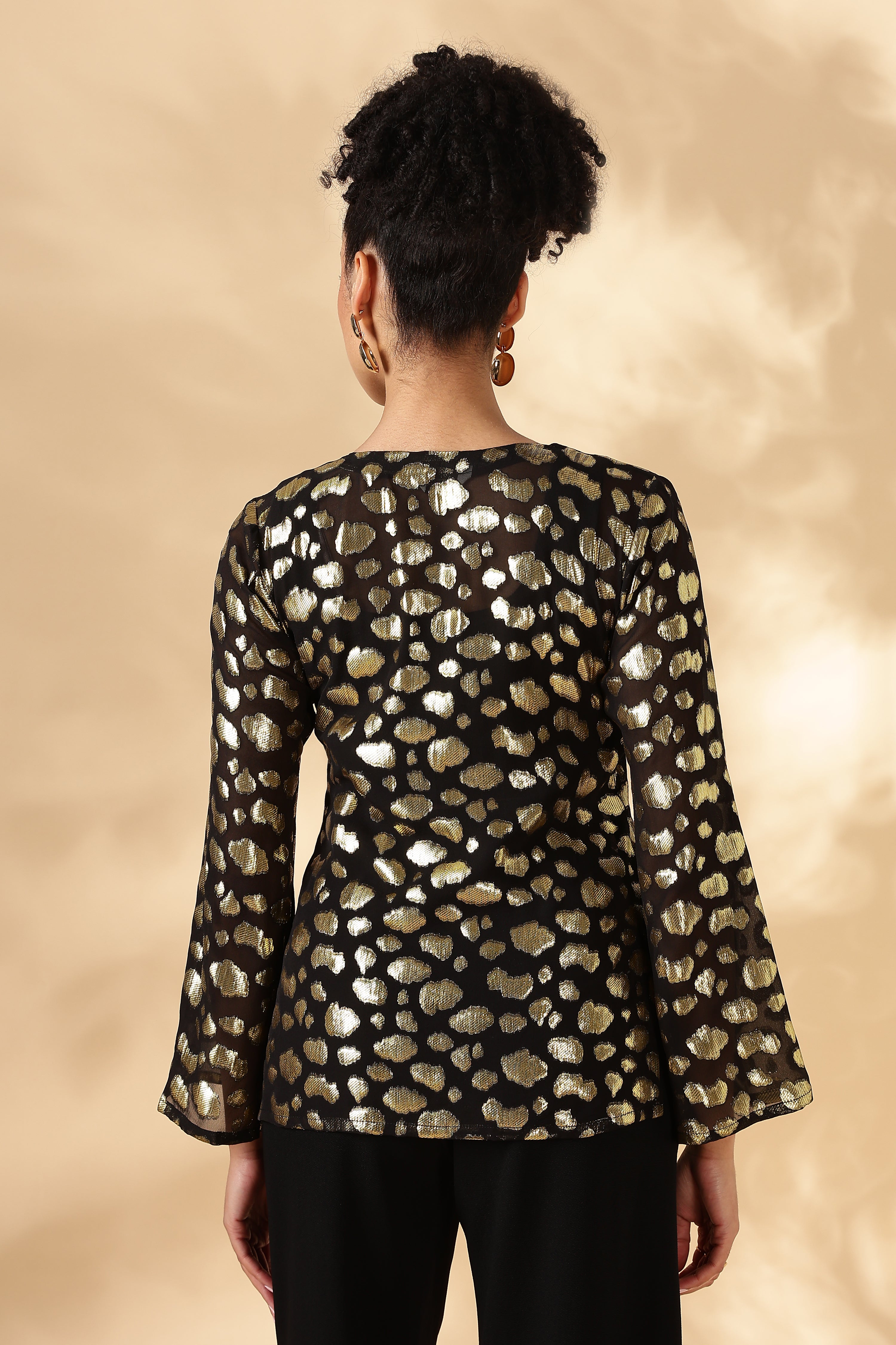 Sheer Black and gold Silk Jacquard Tunic with Bell sleeves ( Made with upcycled Saree fabric )