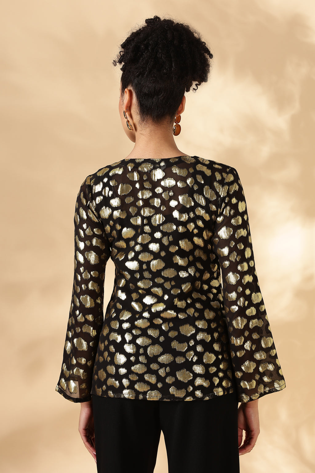 Sheer Black and gold Silk Jacquard Tunic with Bell sleeves ( Made with upcycled Saree fabric )