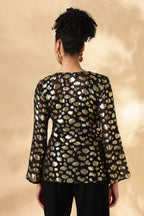 Sheer Black and gold Silk Jacquard Tunic with Bell sleeves ( Made with upcycled Saree fabric )