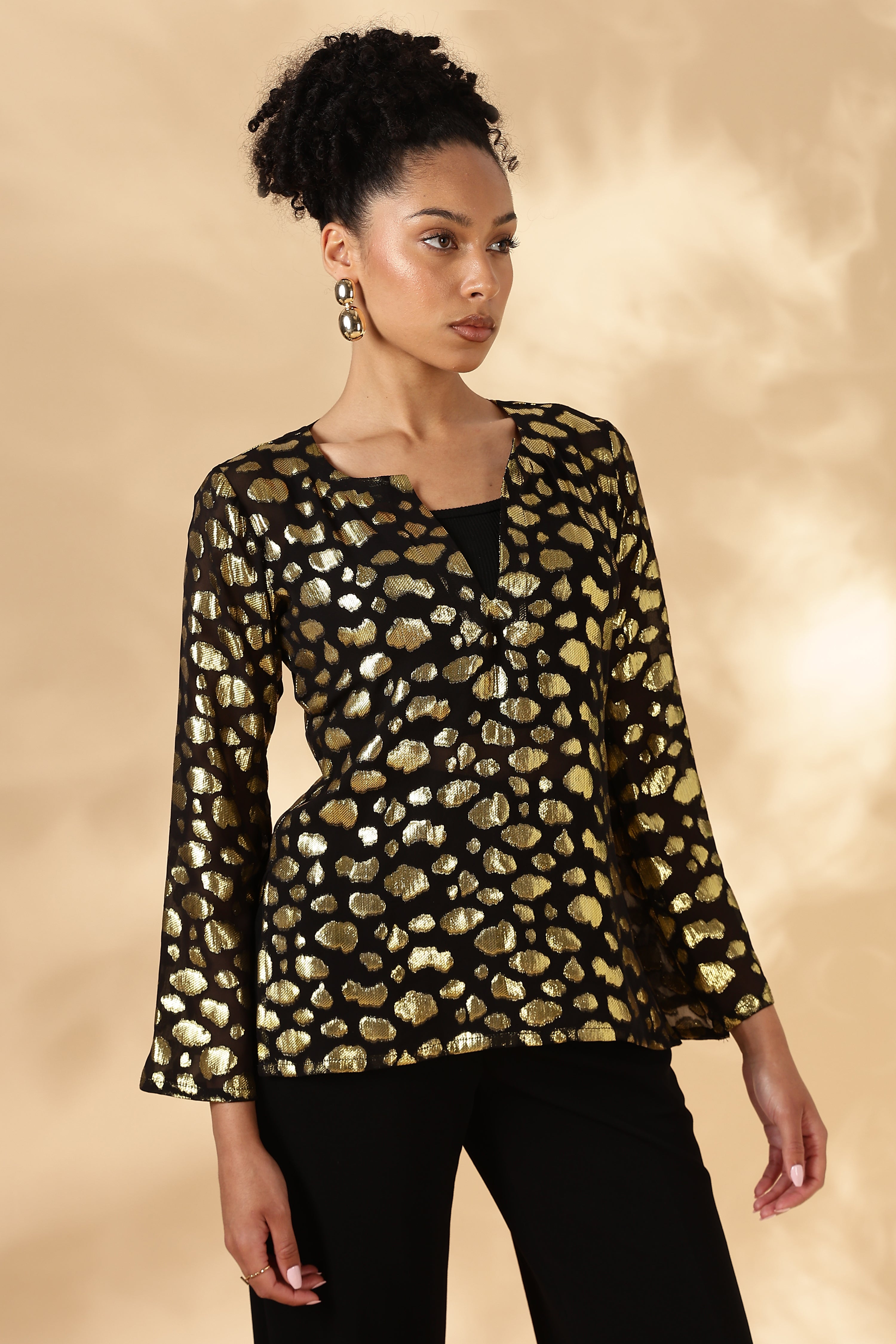 Sheer Black and gold Silk Jacquard Tunic with Bell sleeves ( Made with upcycled Saree fabric )