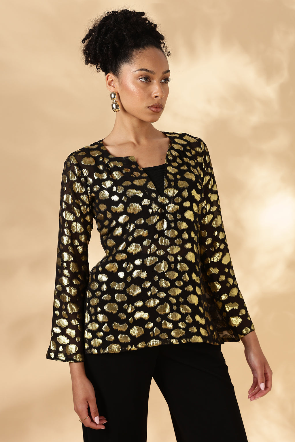 Sheer Black and gold Silk Jacquard Tunic with Bell sleeves ( Made with upcycled Saree fabric )
