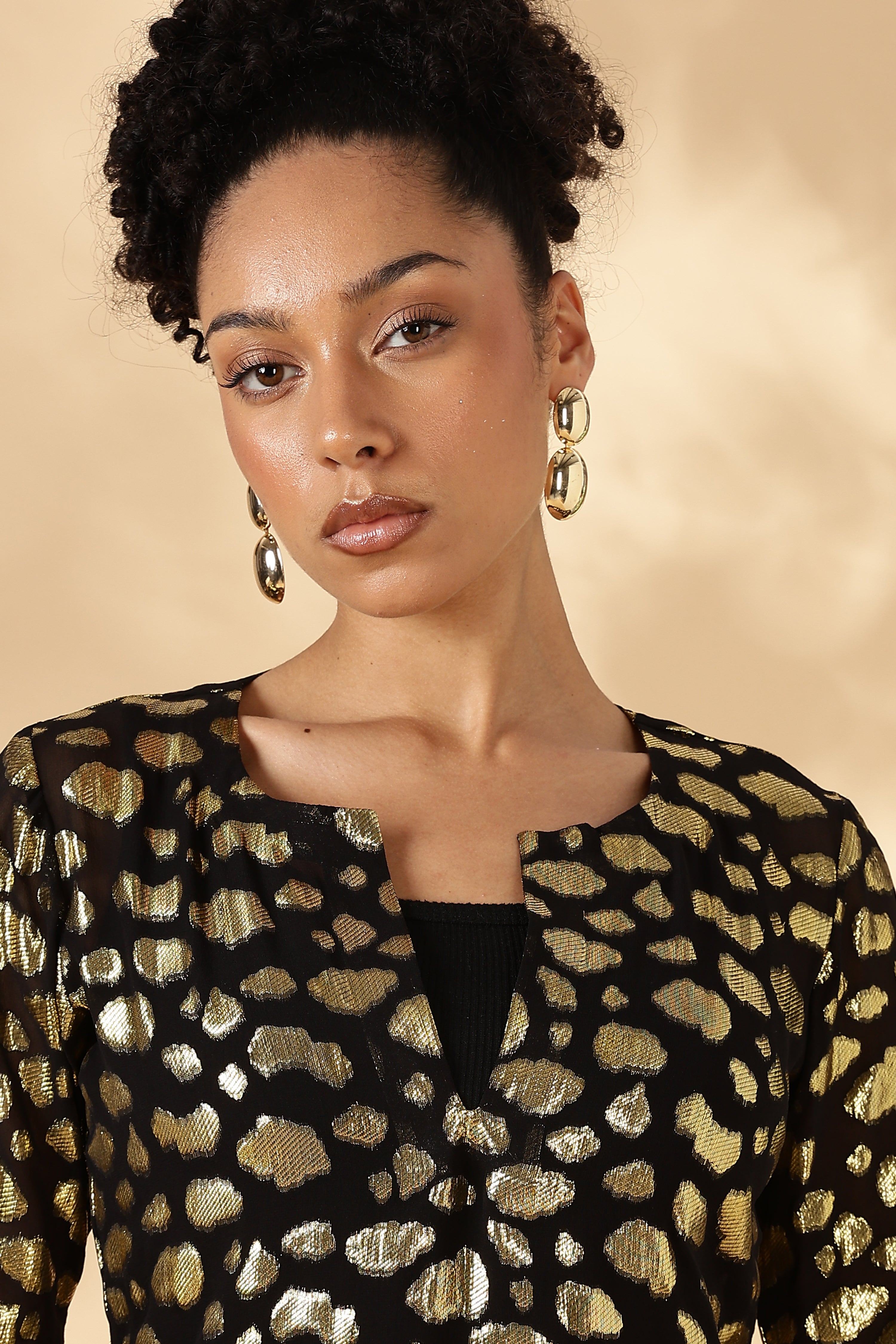 Sheer Black and gold Silk Jacquard Tunic with Bell sleeves ( Made with upcycled Saree fabric )