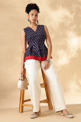 Red and Blue Block Print Cotton Layered top with fitting straps