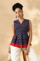 Red and Blue Block Print Cotton Layered top with fitting straps