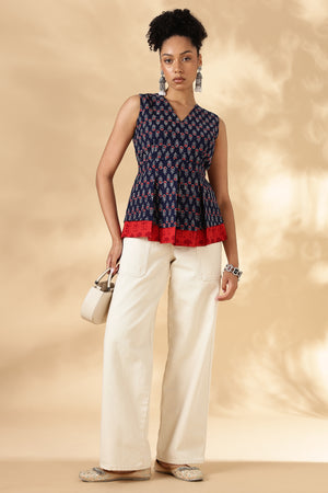 Red and Blue Block Print Cotton Layered top with fitting straps