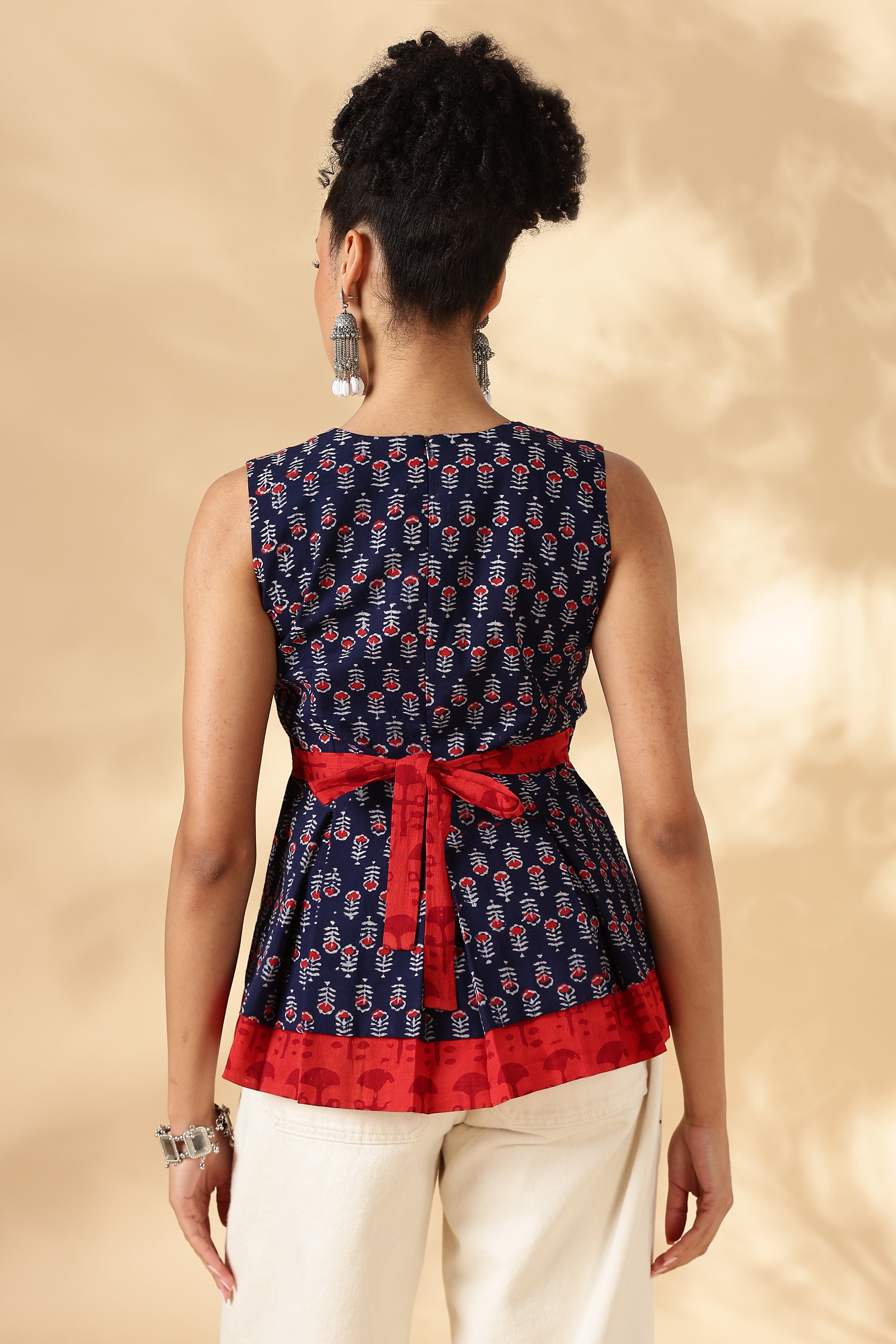 Red and Blue Block Print Cotton Layered top with fitting straps