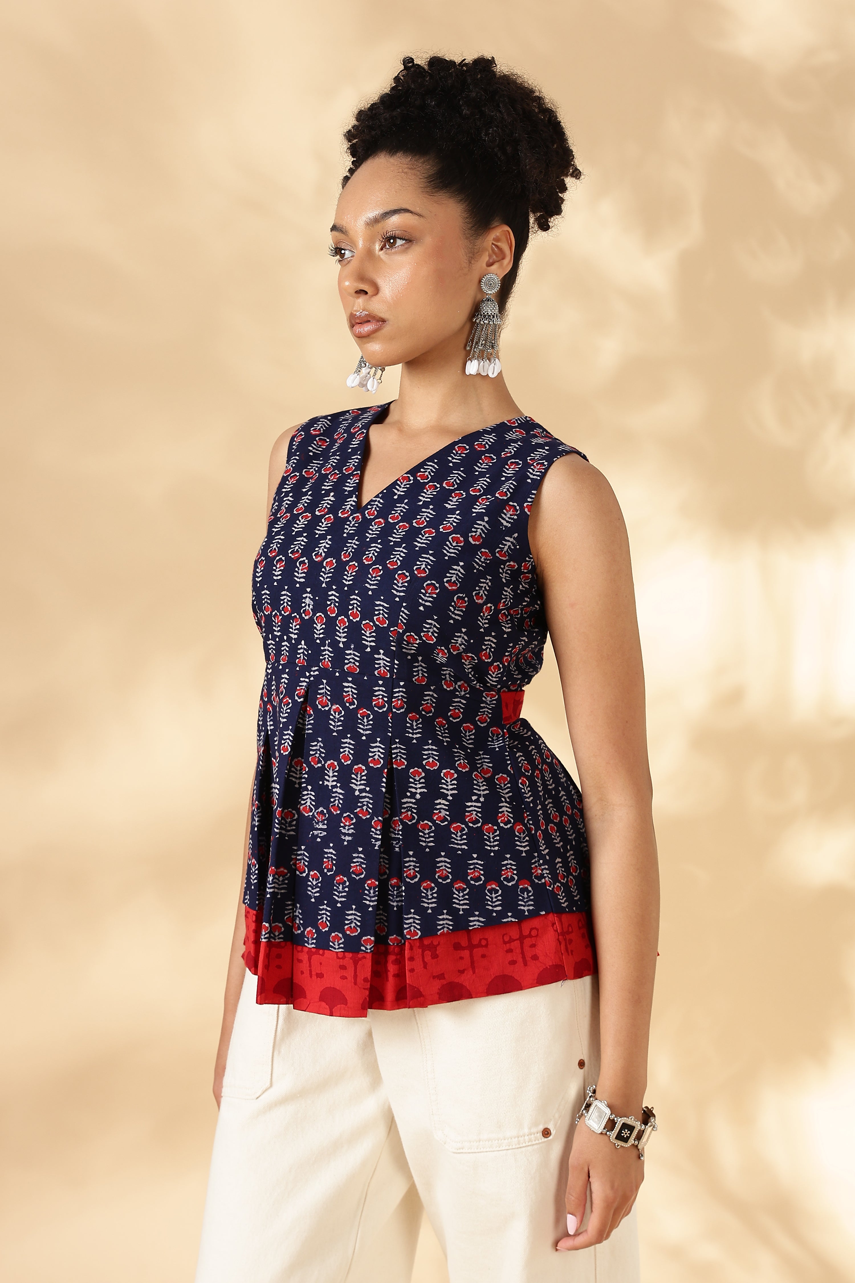 Red and Blue Block Print Cotton Layered top with fitting straps