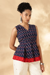 Red and Blue Block Print Cotton Layered top with fitting straps