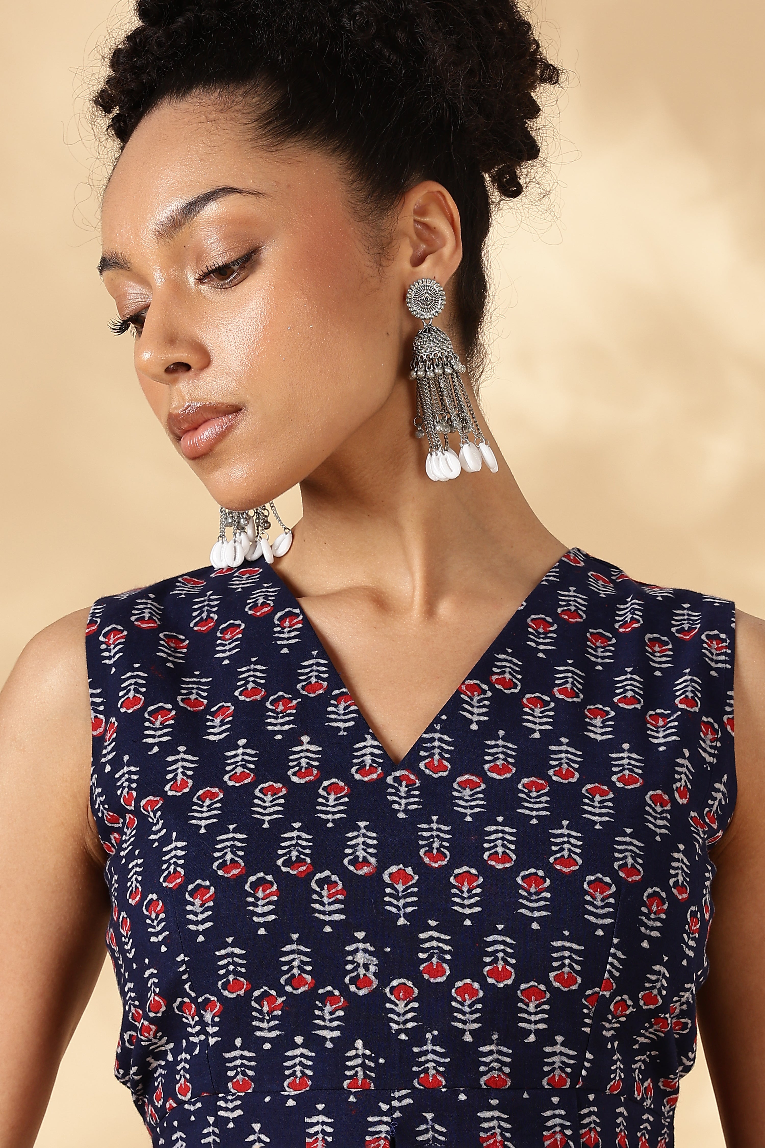 Red and Blue Block Print Cotton Layered top with fitting straps
