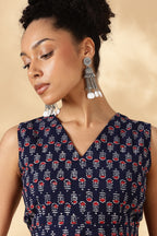 Red and Blue Block Print Cotton Layered top with fitting straps