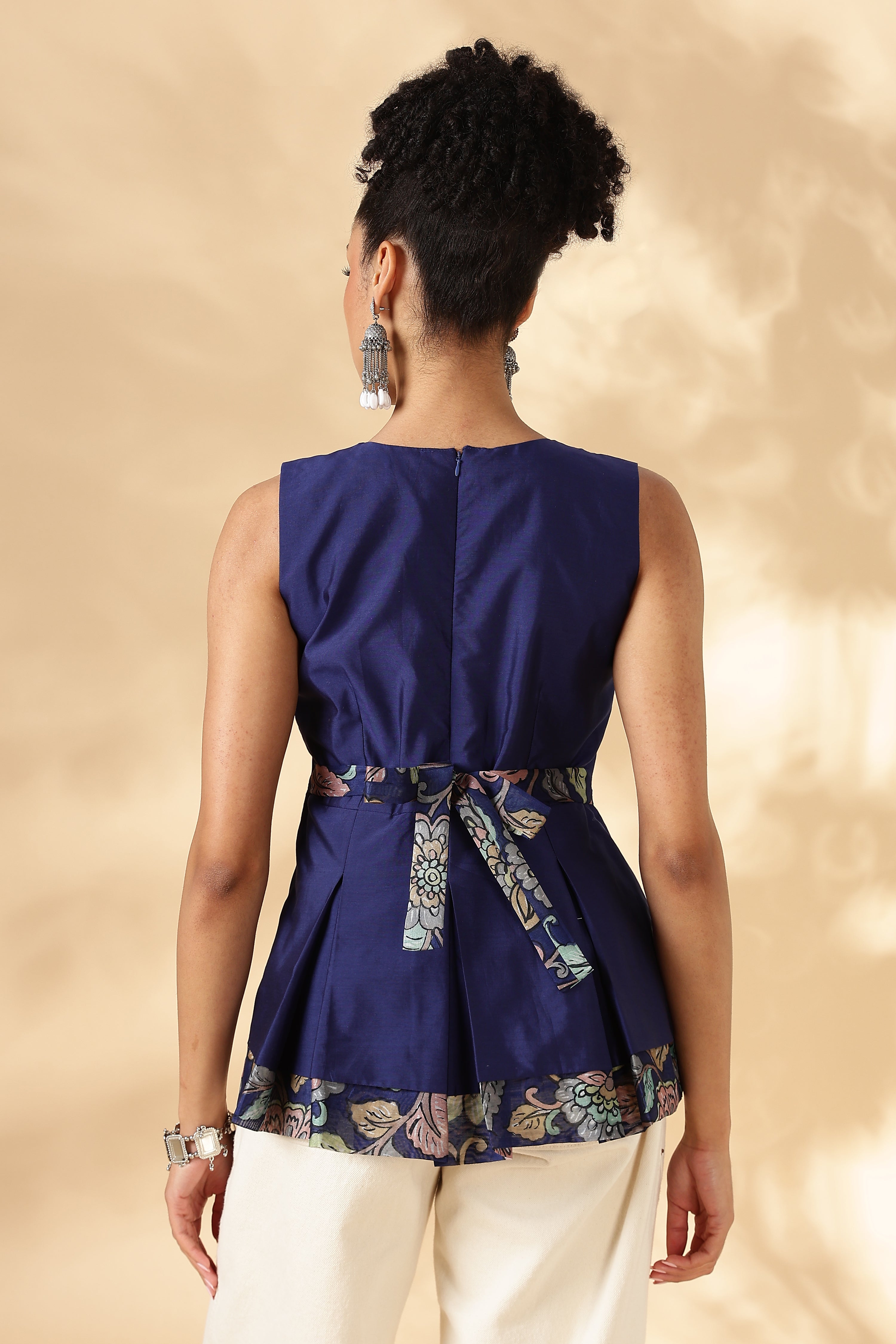Silk x Cotton Blue Layered fitted top with Kalamkari borders