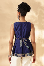 Silk x Cotton Blue Layered fitted top with Kalamkari borders