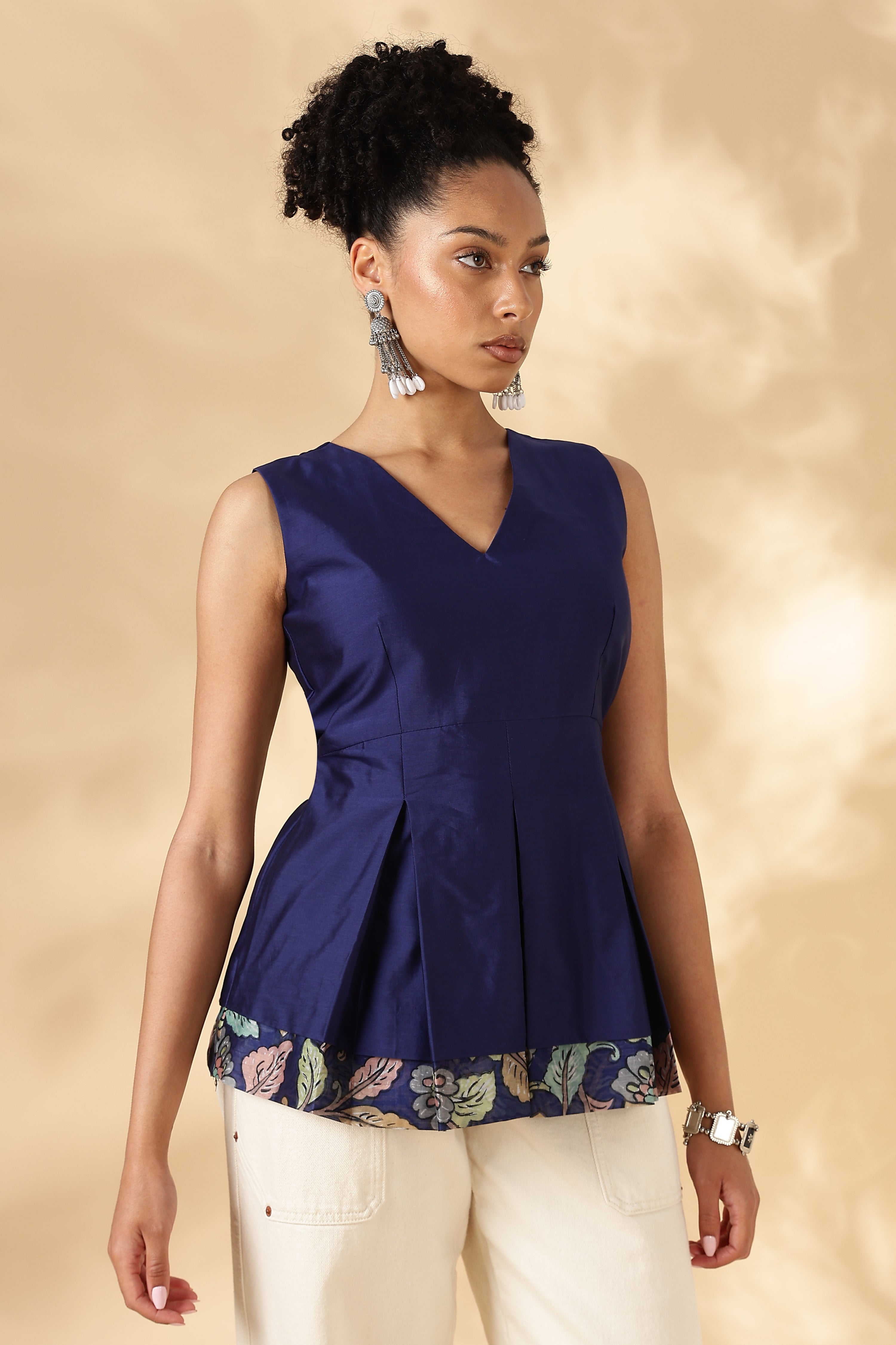 Silk x Cotton Blue Layered fitted top with Kalamkari borders