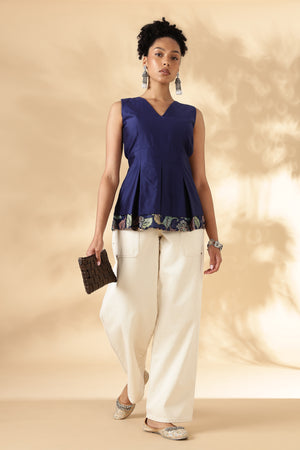 Silk x Cotton Blue Layered fitted top with Kalamkari borders