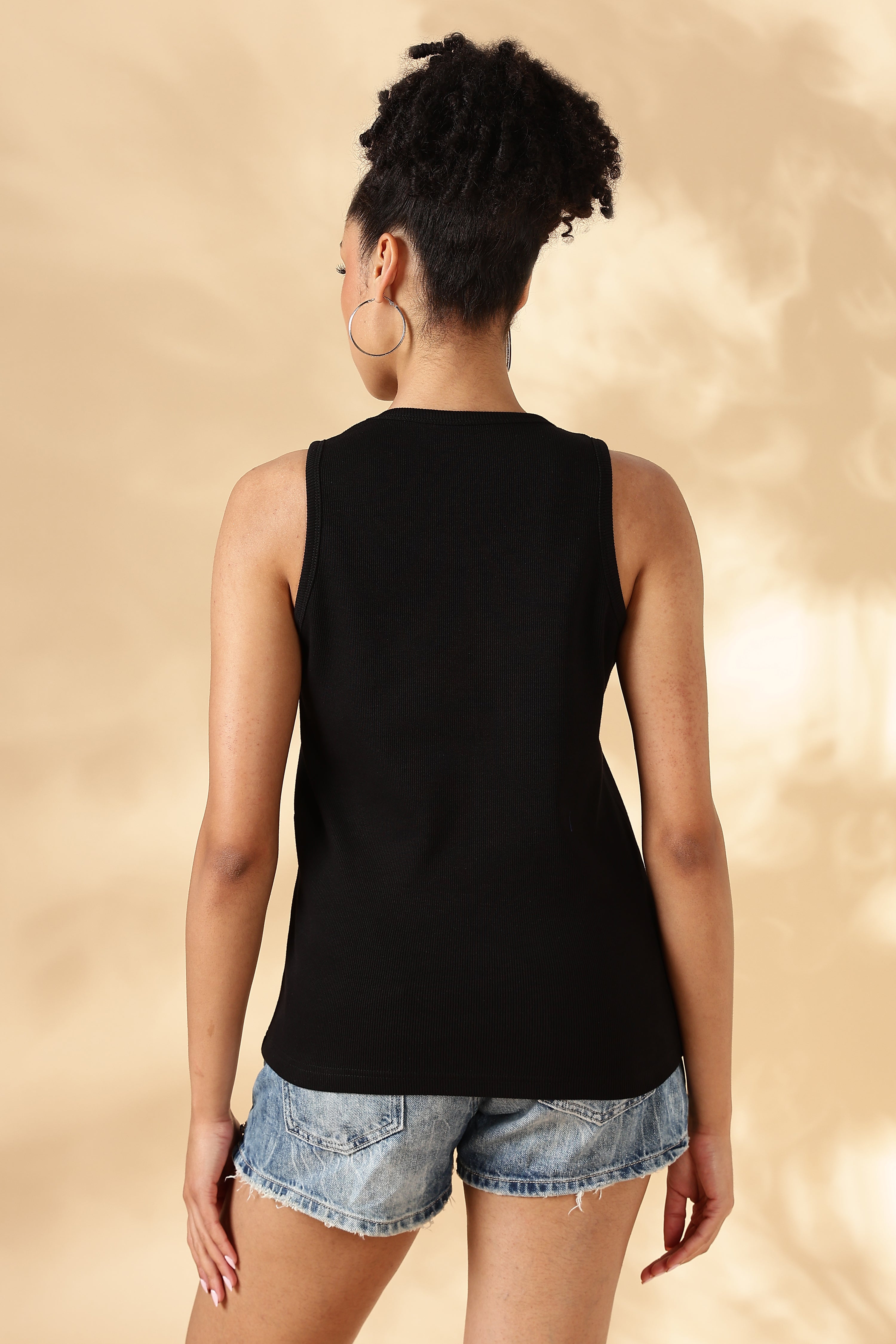 Black Cola Hand embroidered Cotton Tank Top