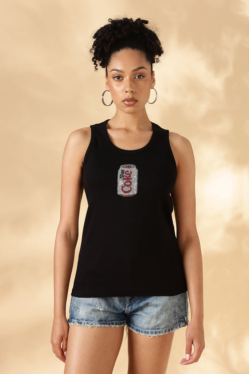 Black Cola Hand embroidered Cotton Tank Top