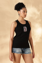Black Cola Hand embroidered Cotton Tank Top
