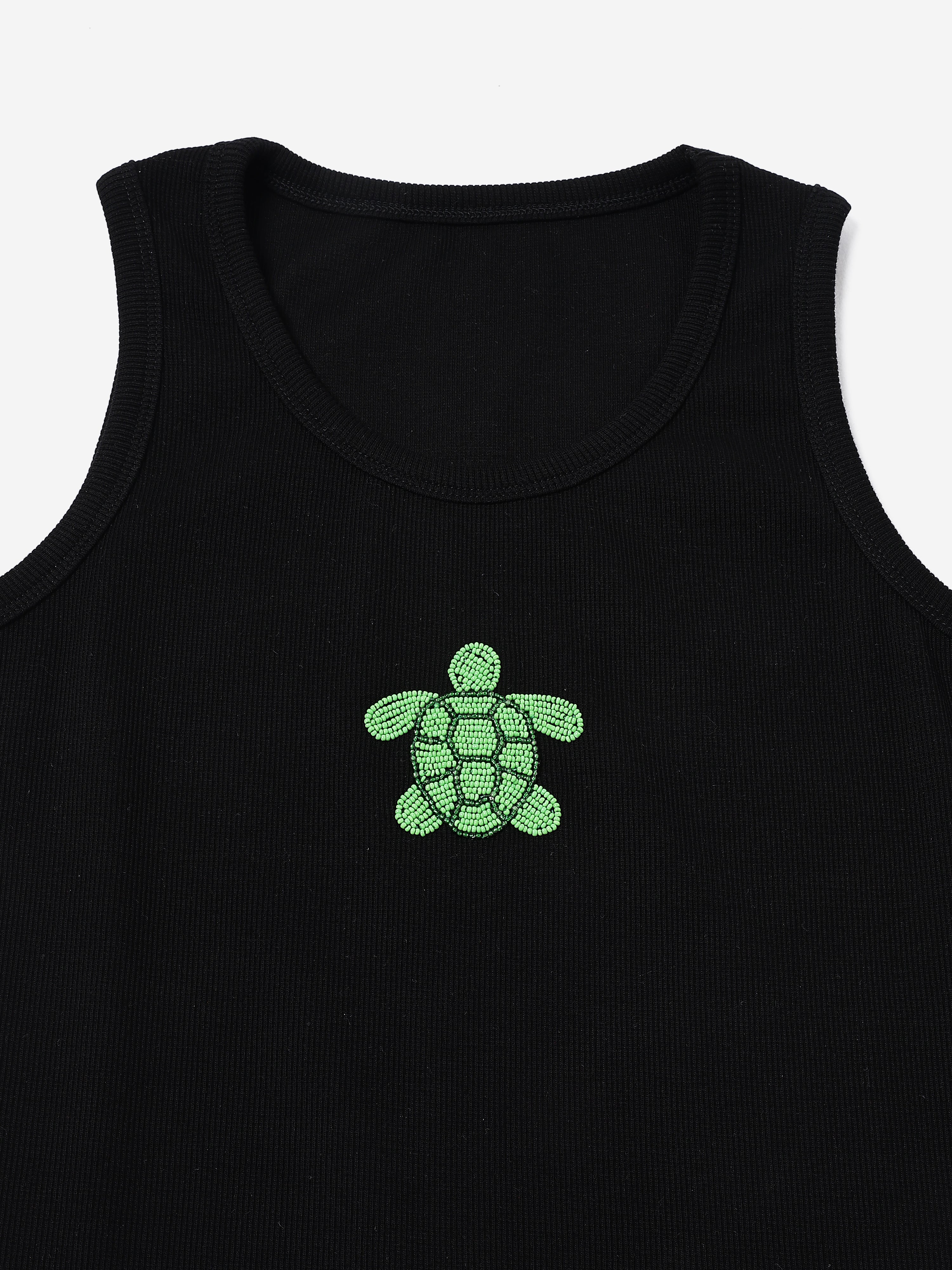 Black Turtle Hand embroidered Cotton Tank Top