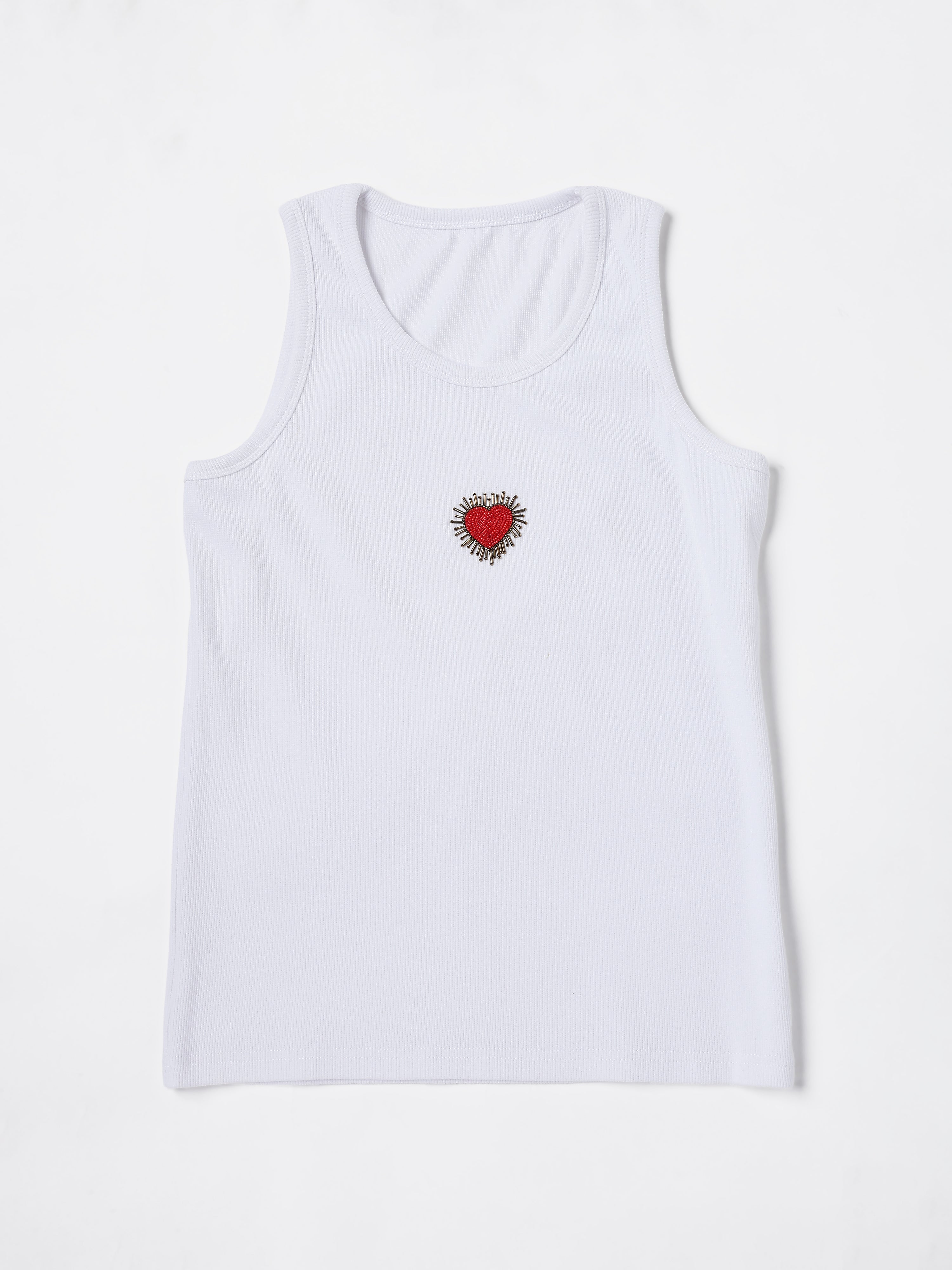 White heart Hand embroidered Cotton Tank Top