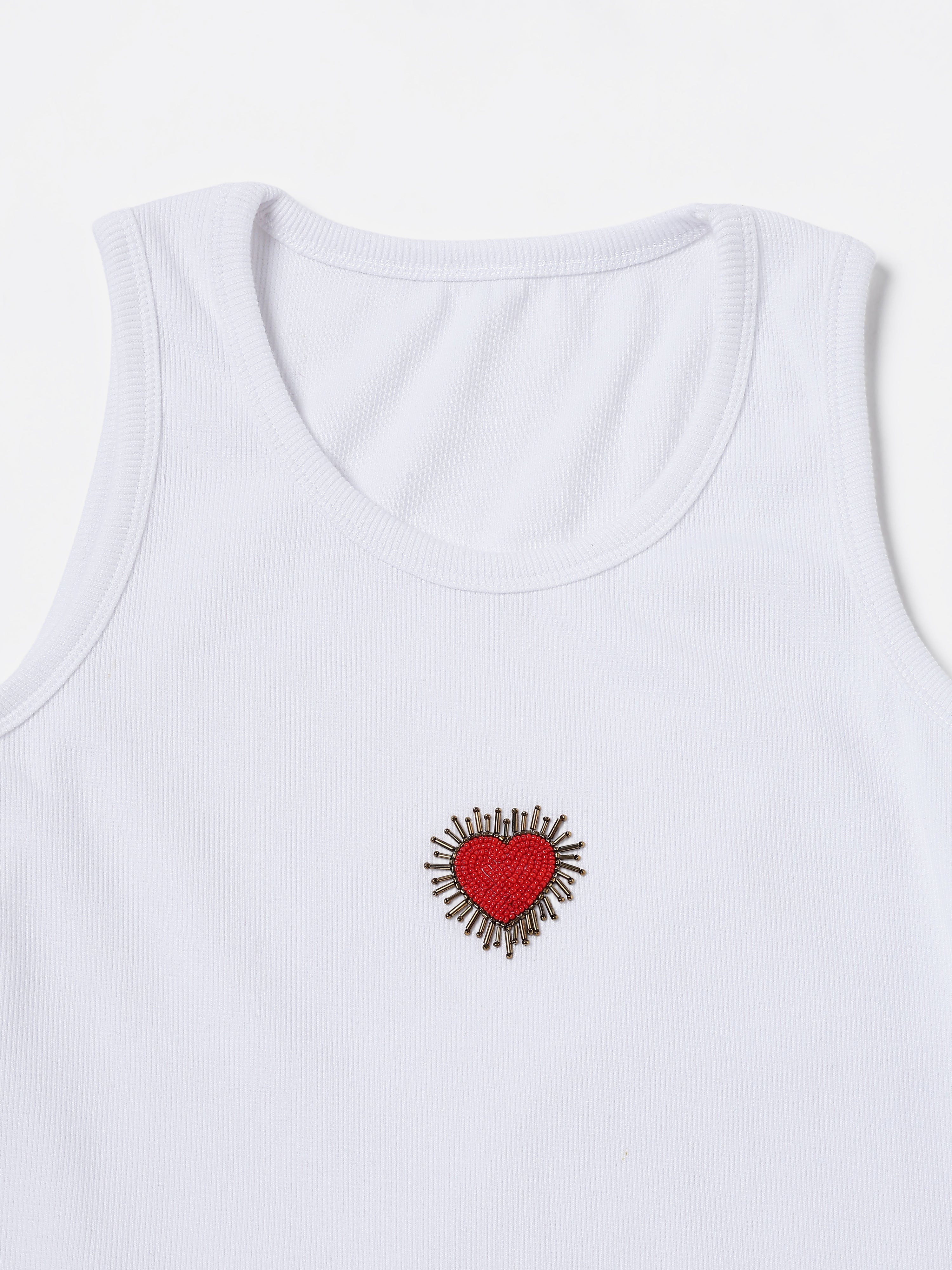 White heart Hand embroidered Cotton Tank Top