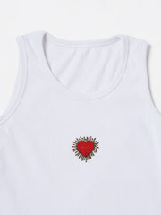 White heart Hand embroidered Cotton Tank Top