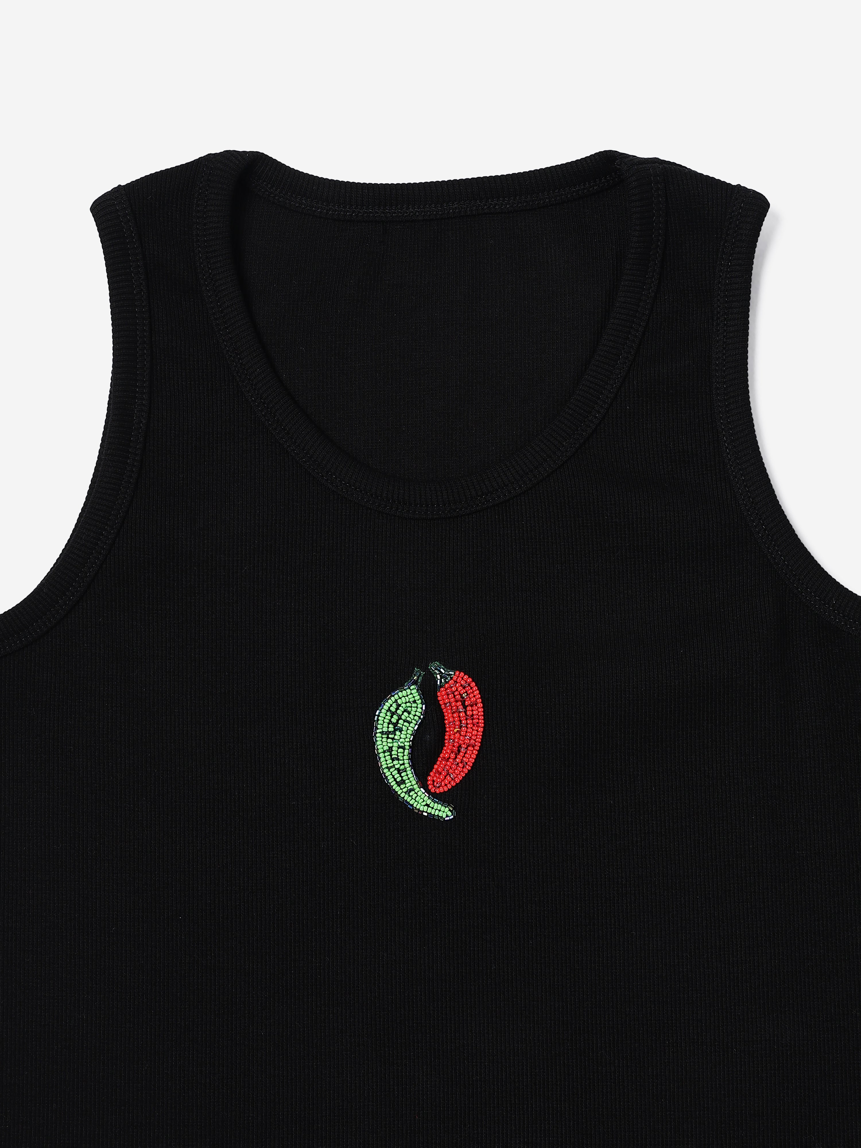 Black chilli Hand embroidered Cotton Tank Top