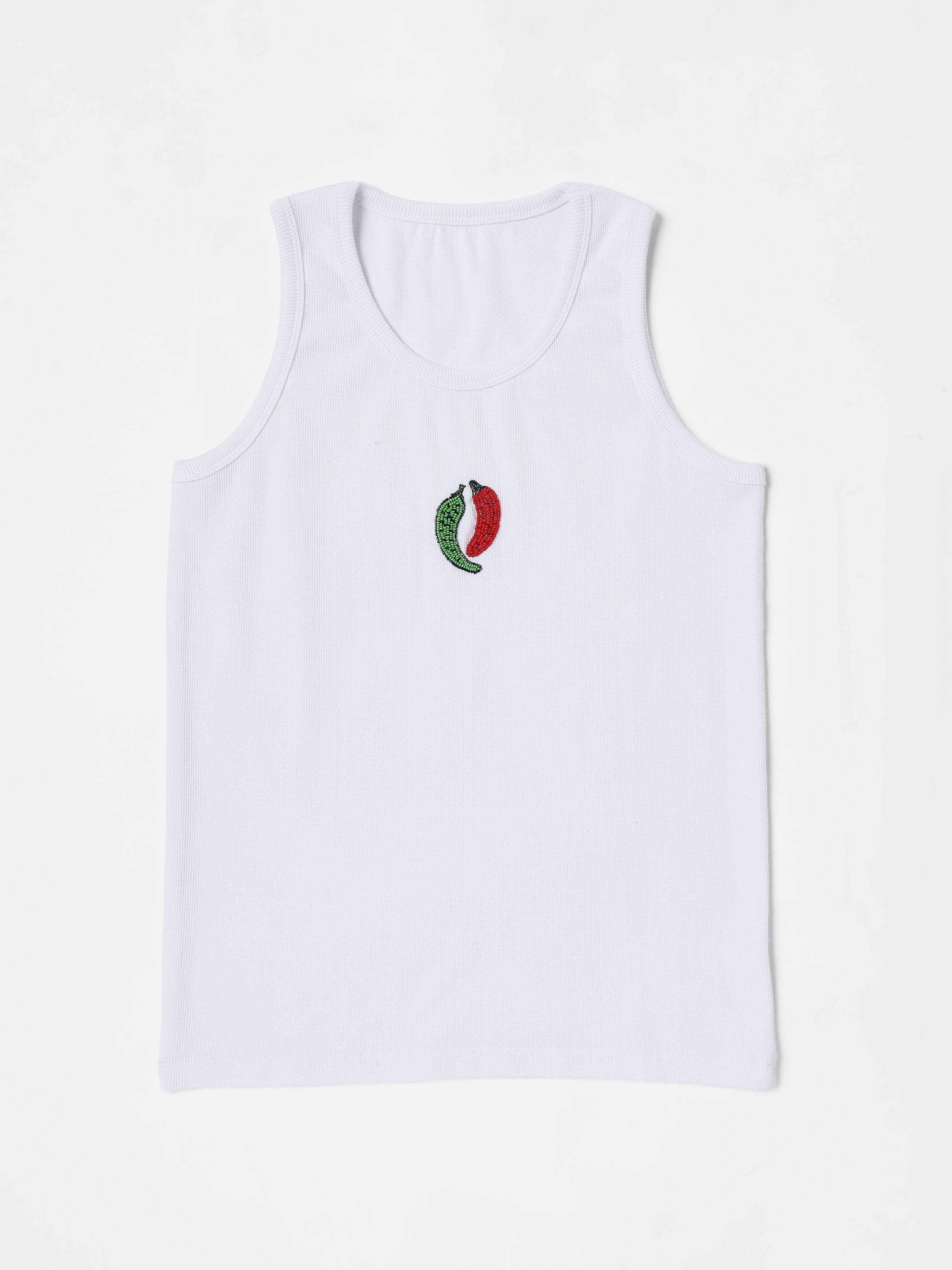 White chilli Hand embroidered Cotton Tank Top
