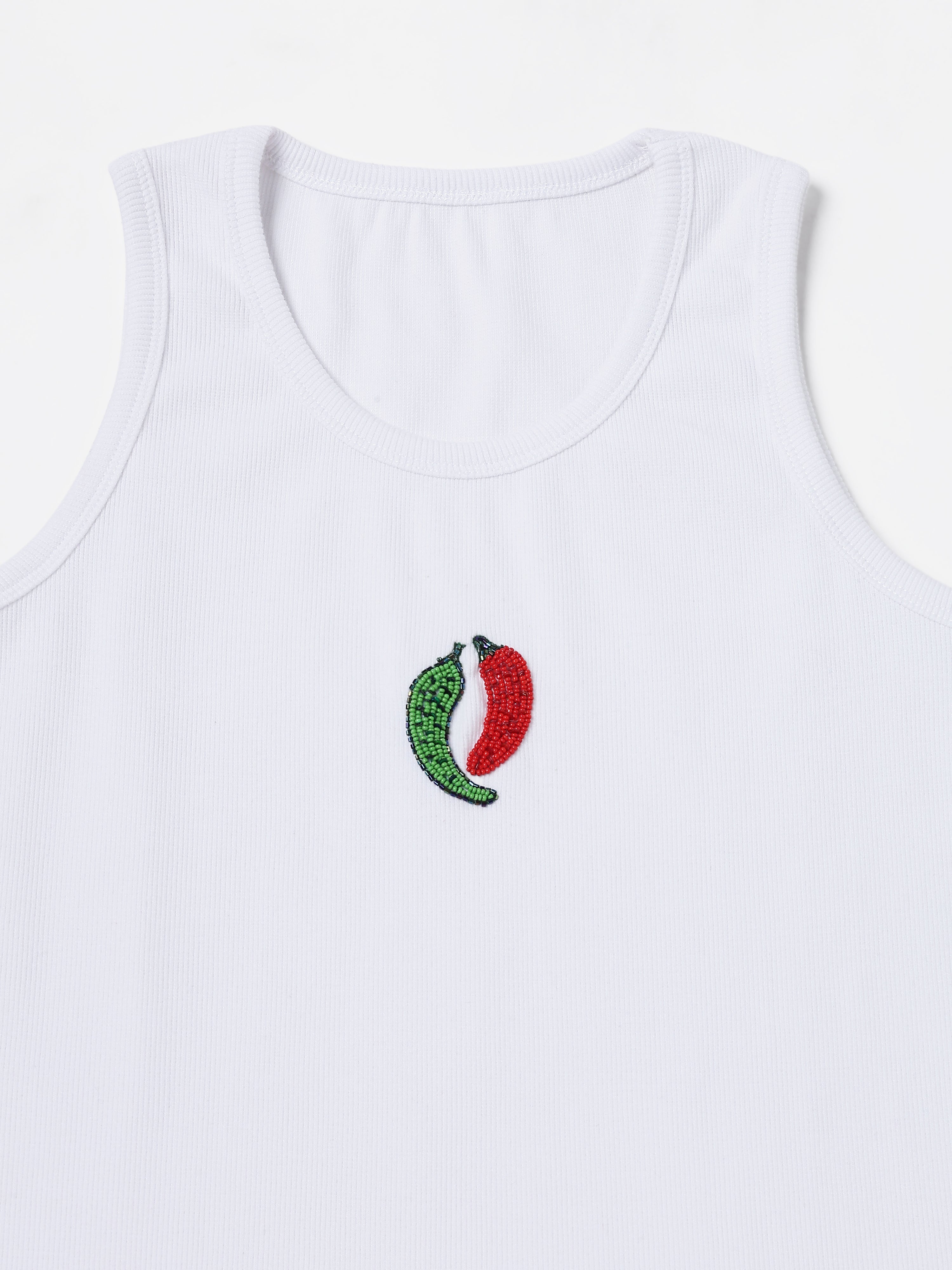 White chilli Hand embroidered Cotton Tank Top