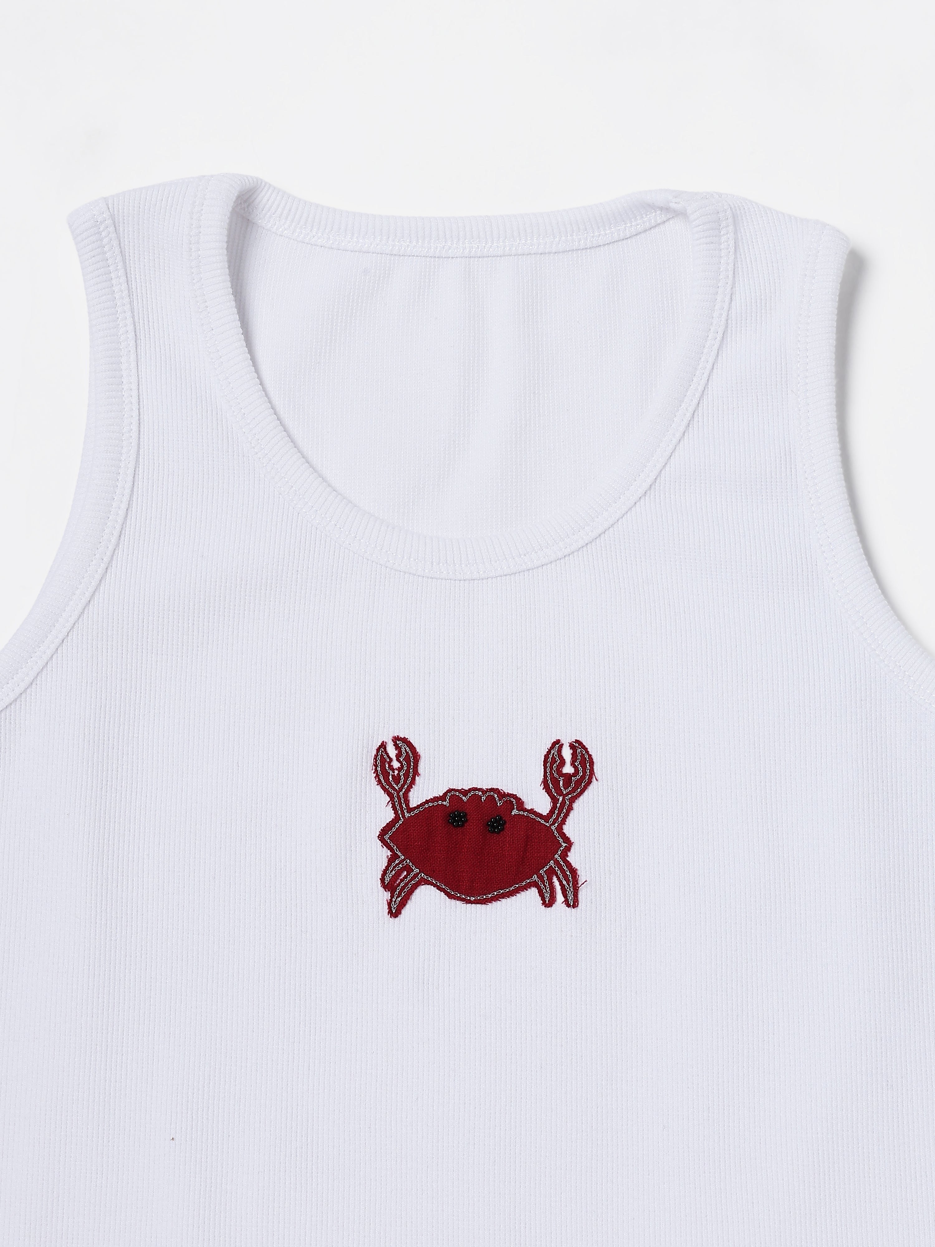 White crab Hand embroidered Cotton Tank Top