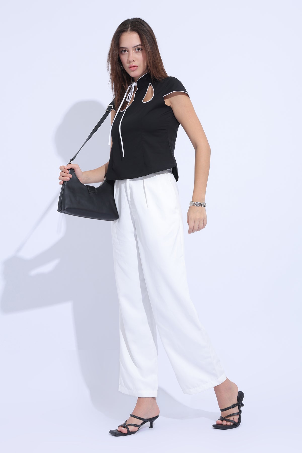 Noir Double Keyhole Tie-Neck Top