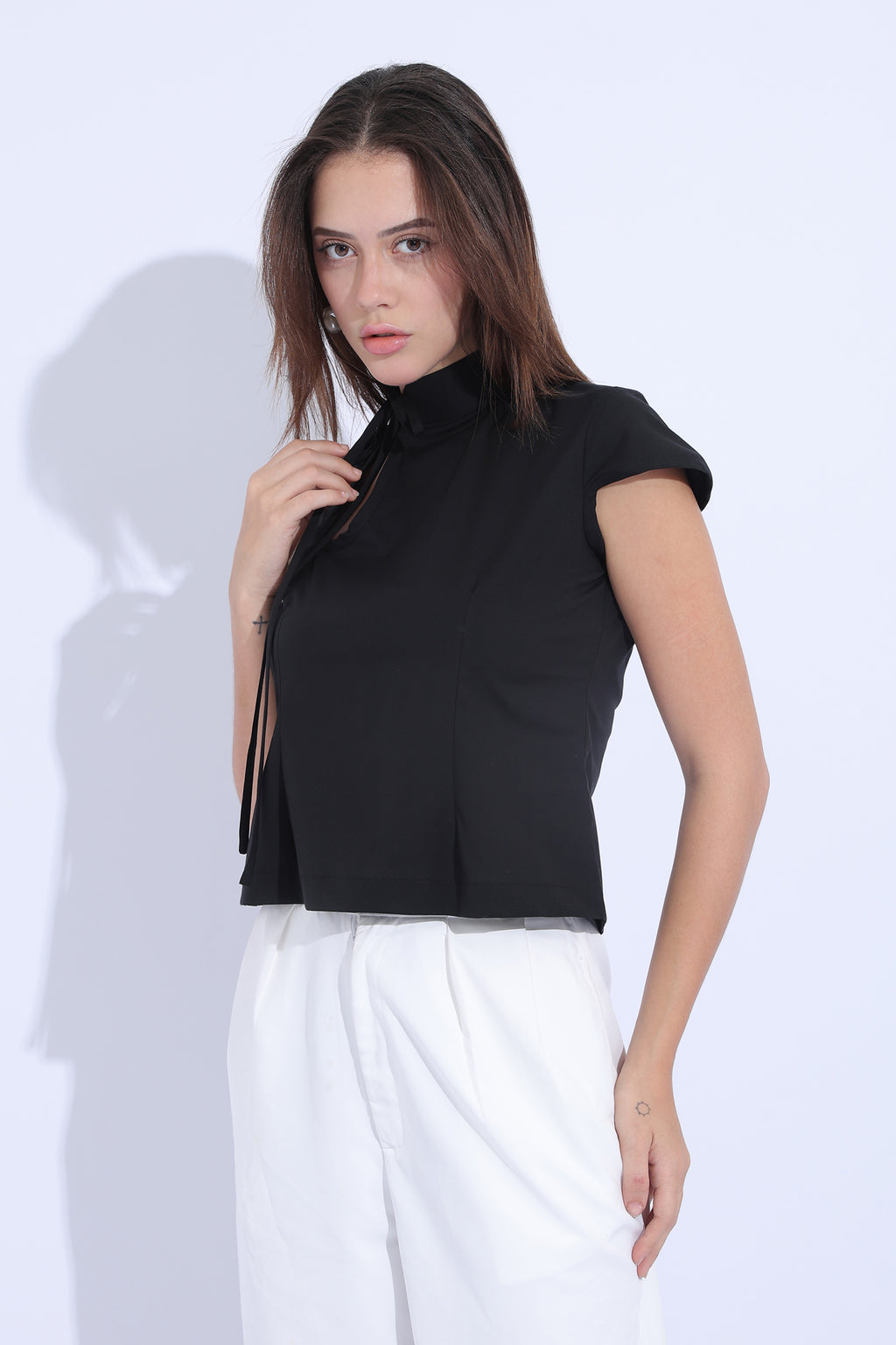 Noir Tie-Neck Keyhole Top