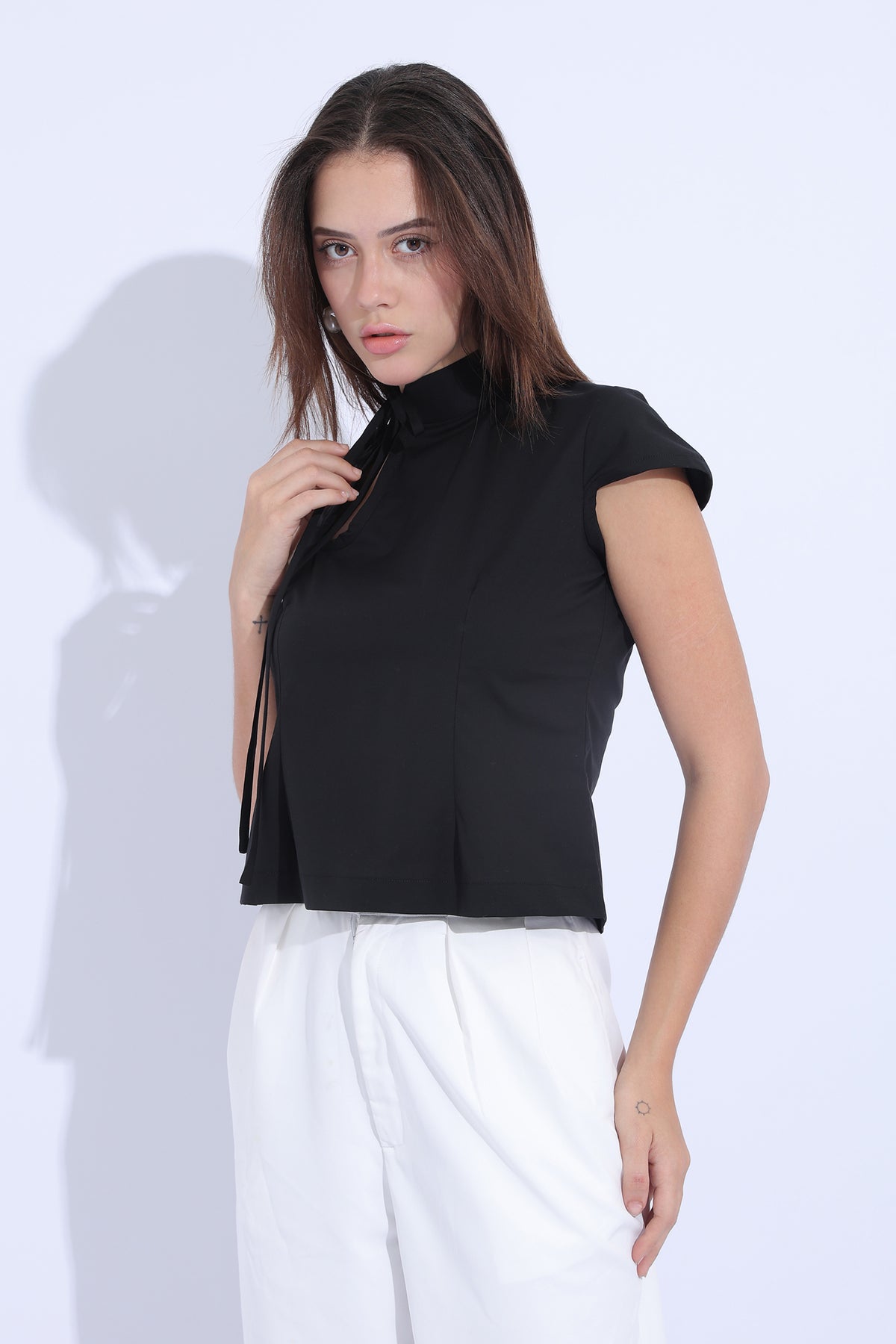 Noir Tie-Neck Keyhole Top