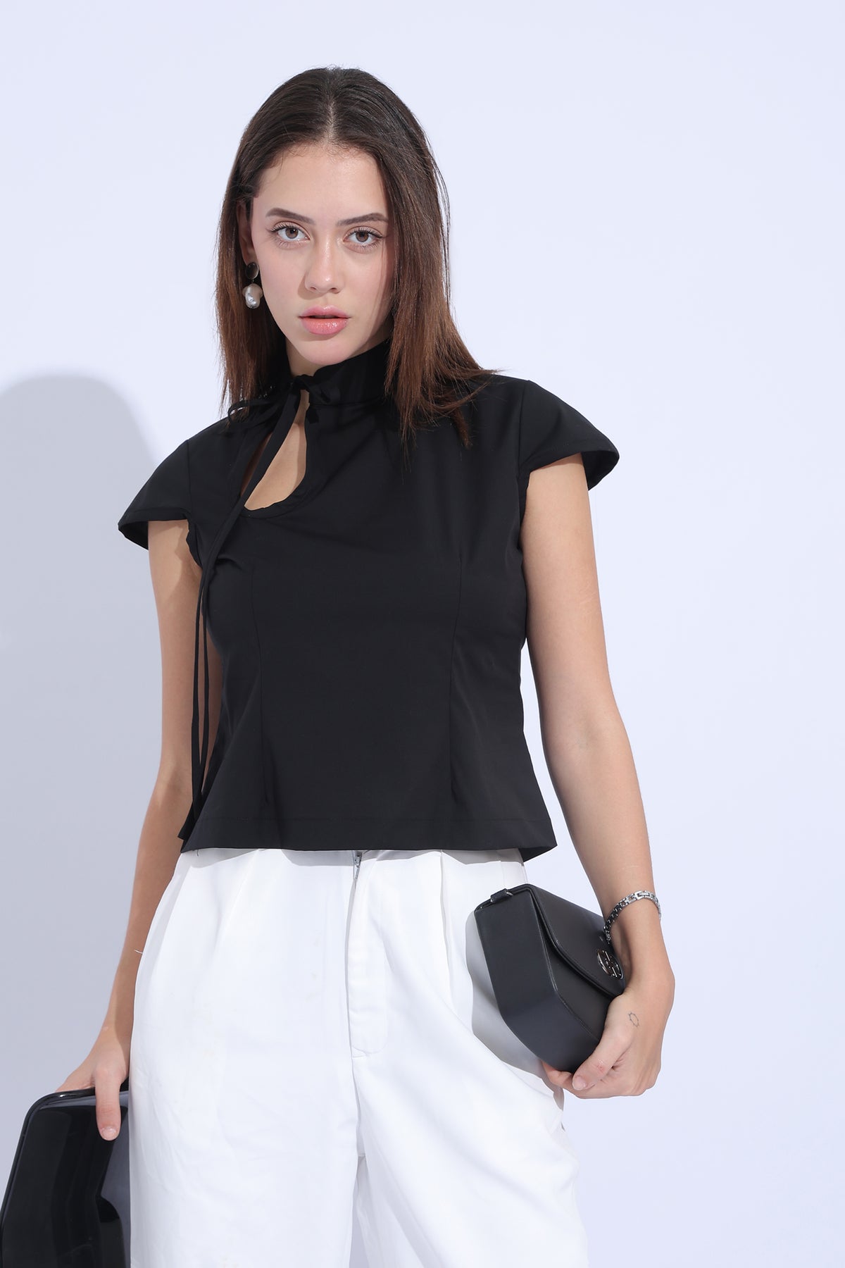 Noir Tie-Neck Keyhole Top