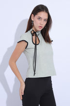 Sage Contrast Tie-Neck Cotton Linen Top