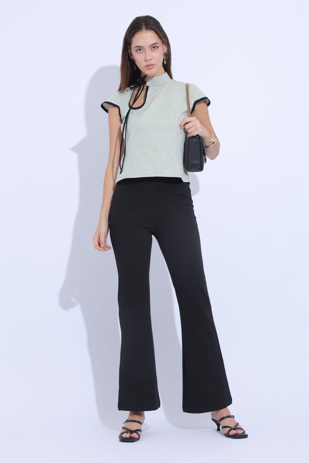 Sage Contrast Tie-Neck Cotton Linen Top