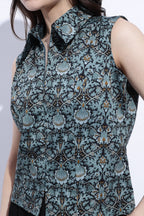 Jade Printed Sleeveless Shirt Collar Top