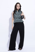 Jade Printed Sleeveless Shirt Collar Top