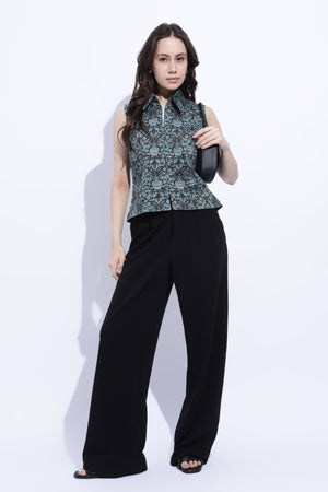 Jade Printed Sleeveless Shirt Collar Top