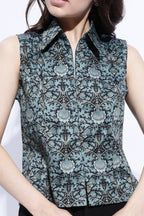 Jade Printed Sleeveless Shirt Collar Top