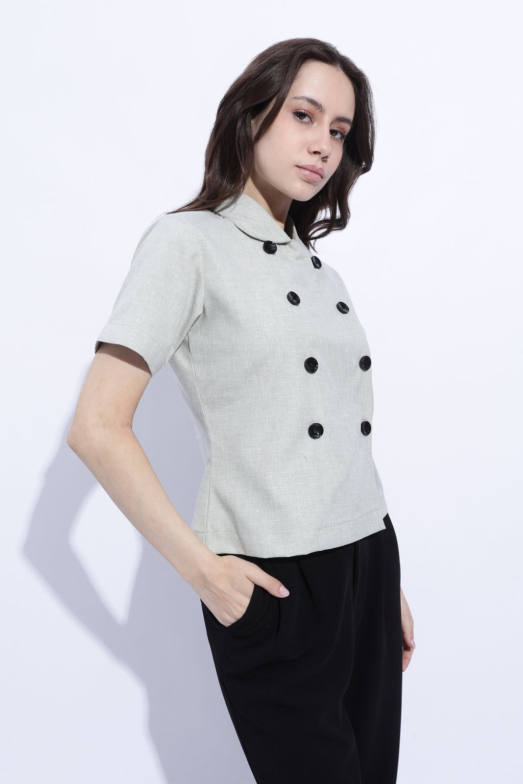 Sage Double-Breasted Short Sleeve Top
