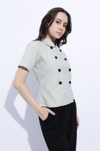Sage Double-Breasted Short Sleeve Top