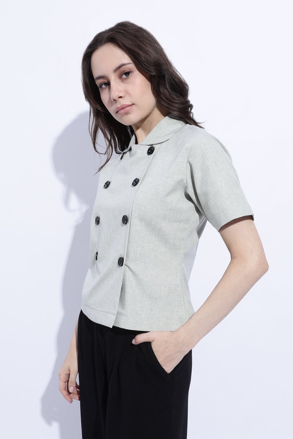 Sage Double-Breasted Short Sleeve Top