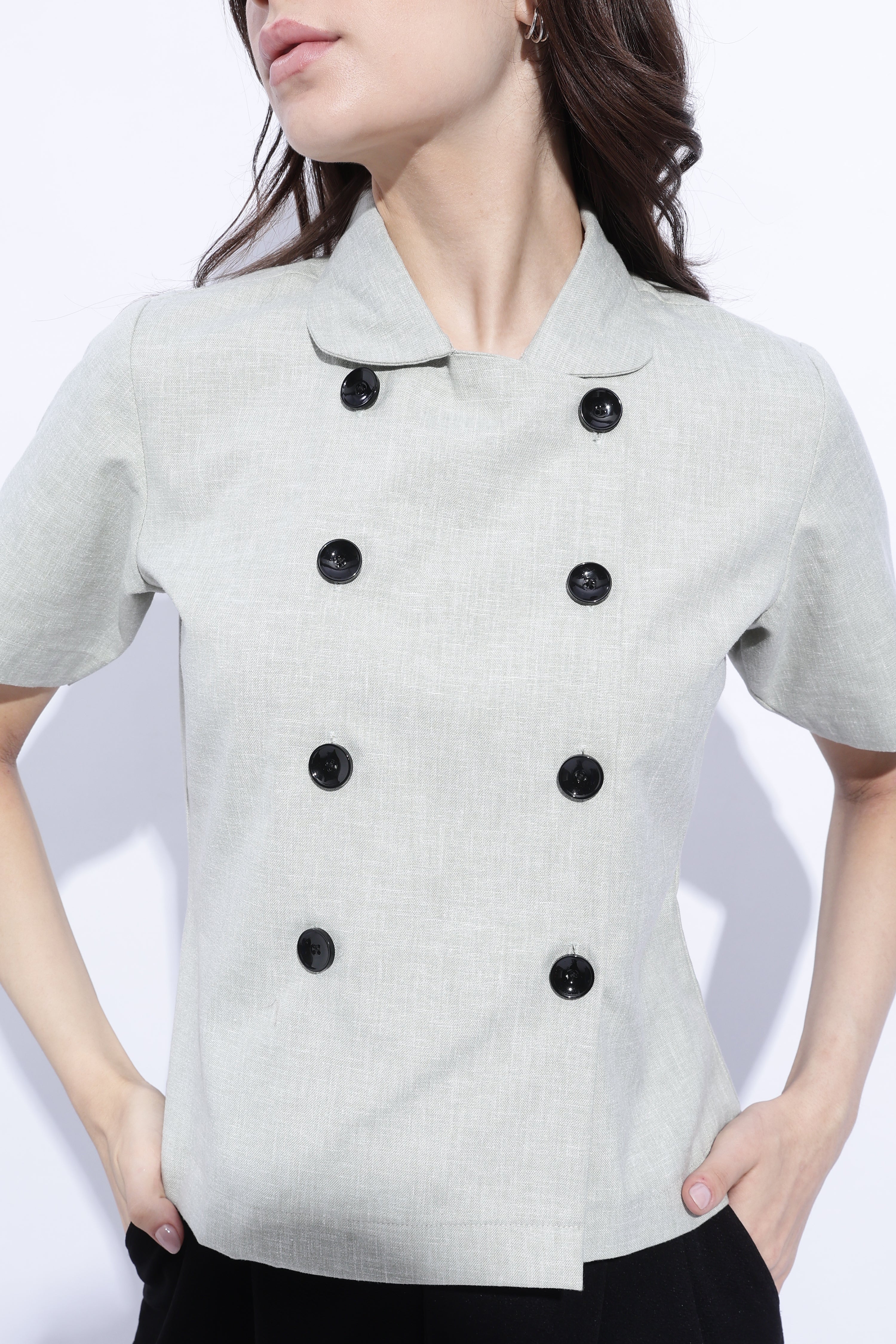 Sage Double-Breasted Short Sleeve Top