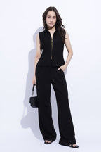 Noir Sleeveless Zip Front Collar Top