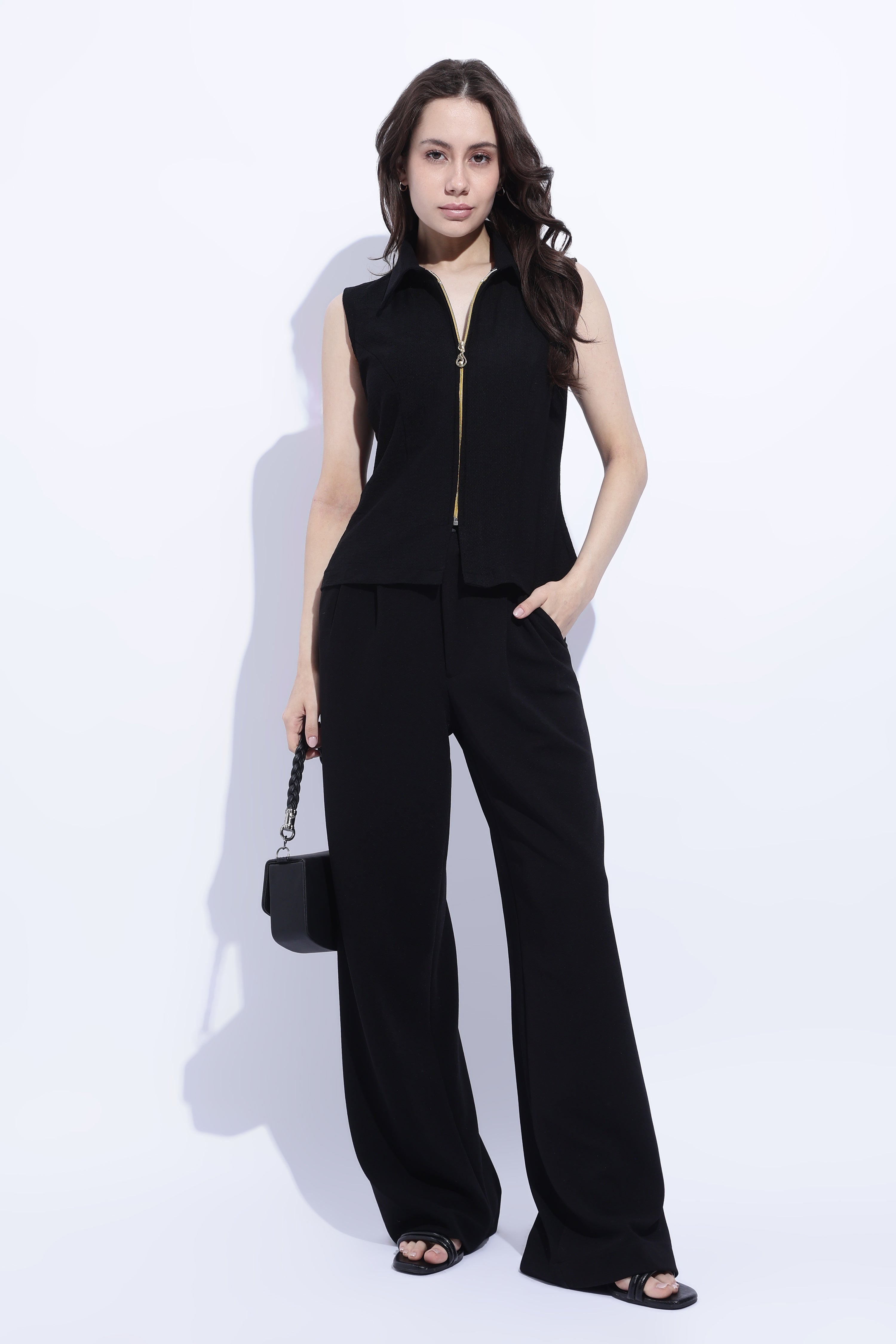 Noir Sleeveless Zip Front Collar Top