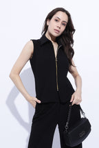 Noir Sleeveless Zip Front Collar Top
