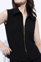 Noir Sleeveless Zip Front Collar Top