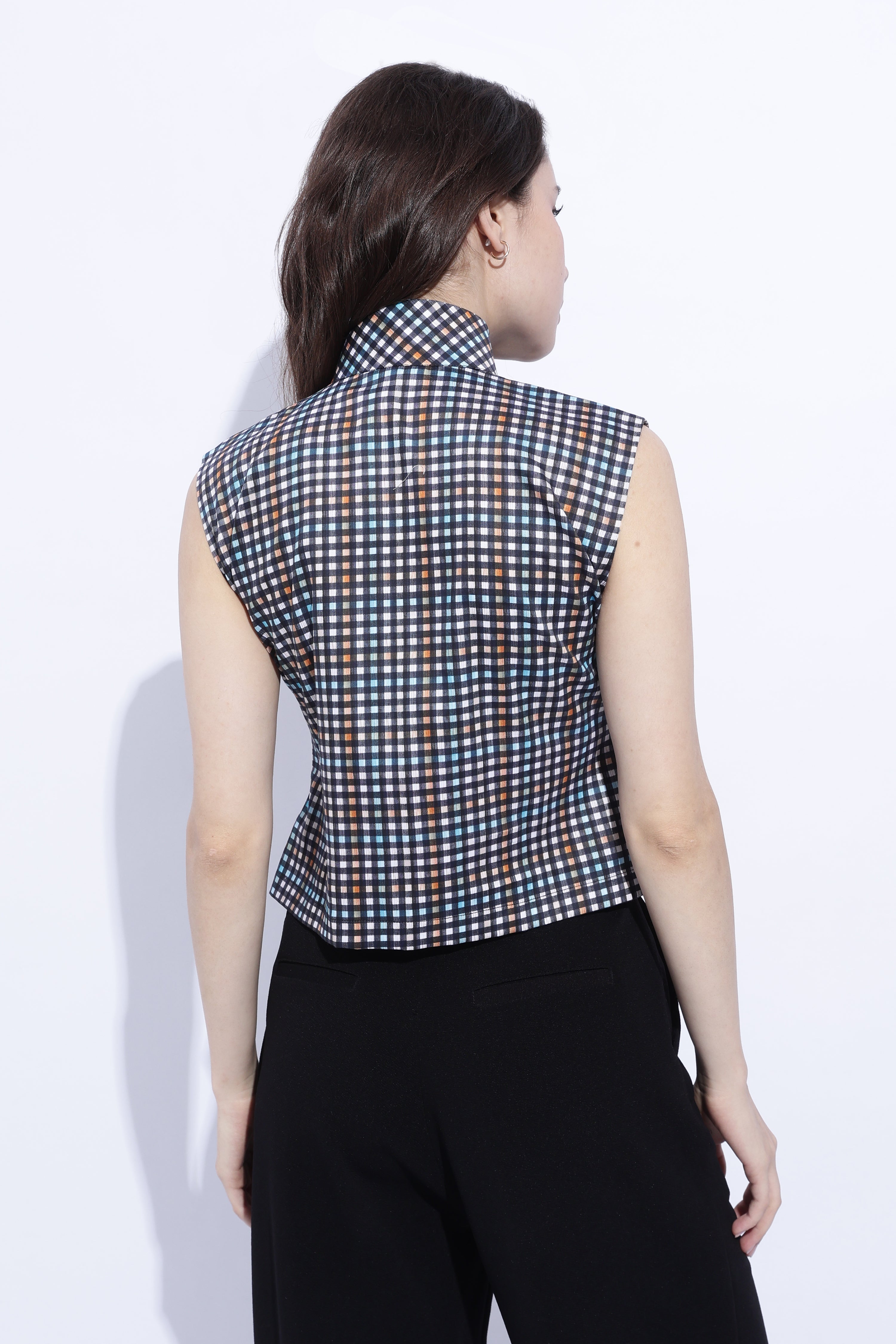 Checks Tie Detail Structured Sleeveless Top